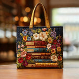 Geantă Artizanală - Design Floral și Cărți